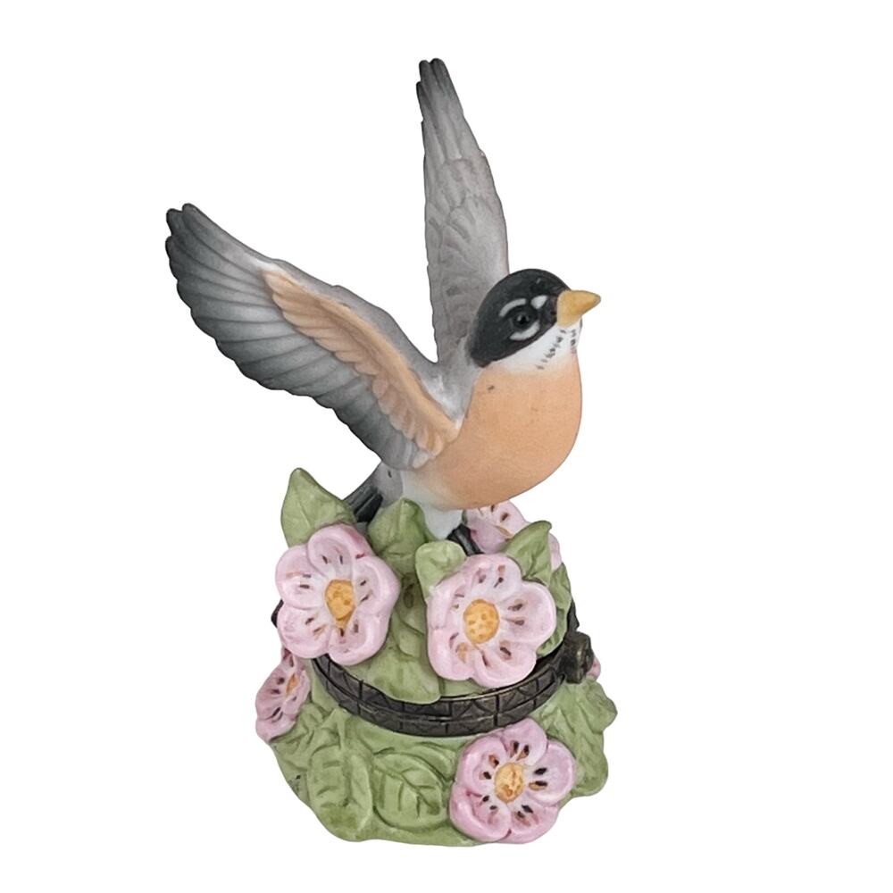 Phb Porcelain Bird Trinket Box Limited Edition American Robin 3" Floral Figurine